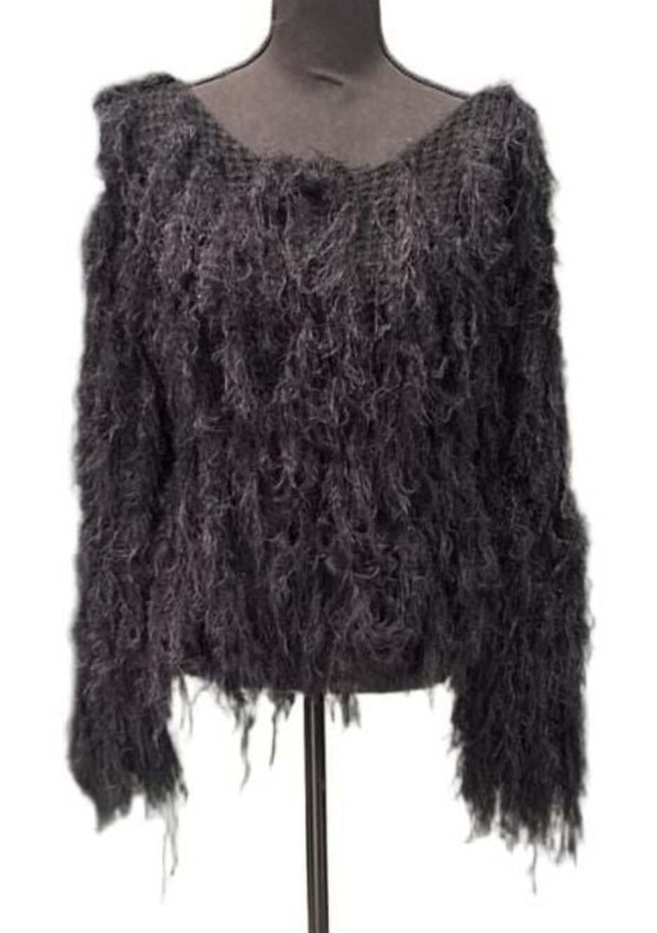 Line + Dot Black Shaggy Fringe Eyelash Knit Sweater, One Size